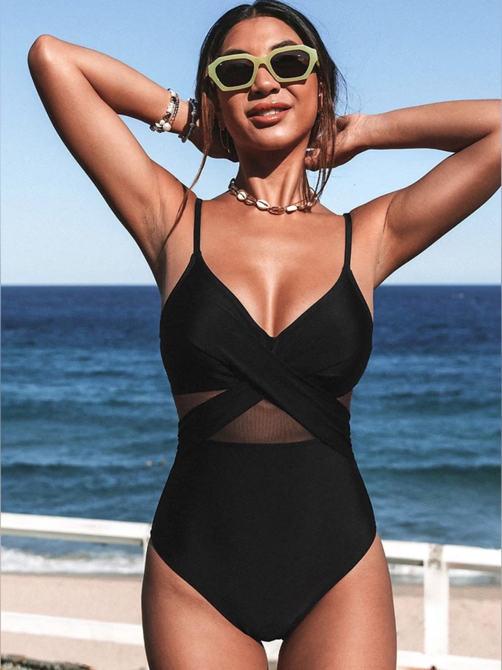 CUPSHE Solid Mesh Wrap Front Cutout Black One Piece Swimsuit Size M